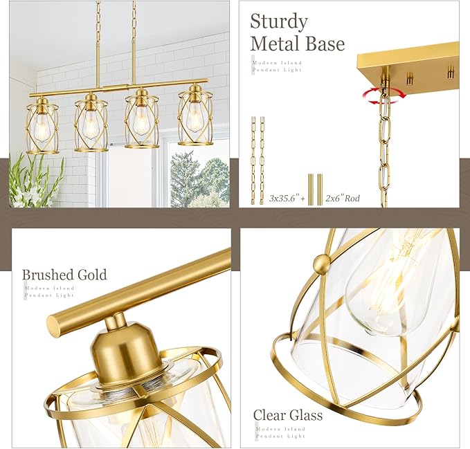 4-Light Kitchen Island Lighting, Modern Brushed Gold Dining Room Light Fixtures - Image 2