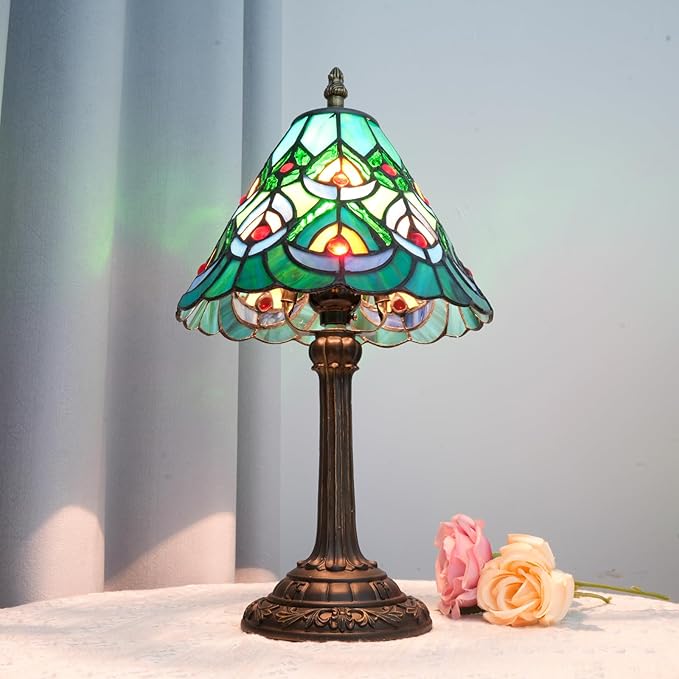 Green Peacock Decor Small Tiffany Style Table Lamp Antique Stained Glass Lamps - Image 6