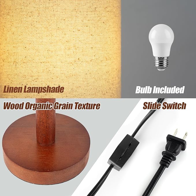 Small Table Lamp for Bedroom, Nightstand Lamp Linen Lampshade Bedroom Wood Base - Image 4