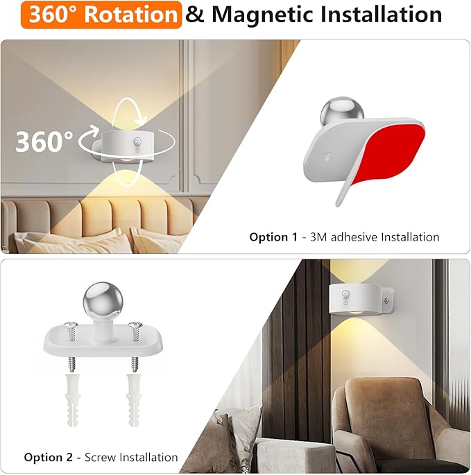 Motion Sensor Wall Light Indoor, Battery Operated Sconce 360°Rotate, - Image 7