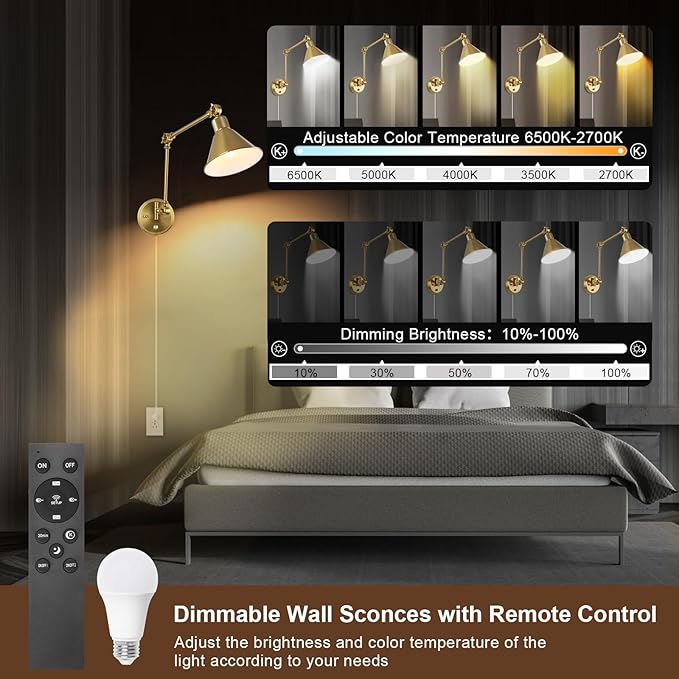 TRLIFE Wall Sconce with Remote Control, Brushed Brass Plug in Wall Sconces - Image 2