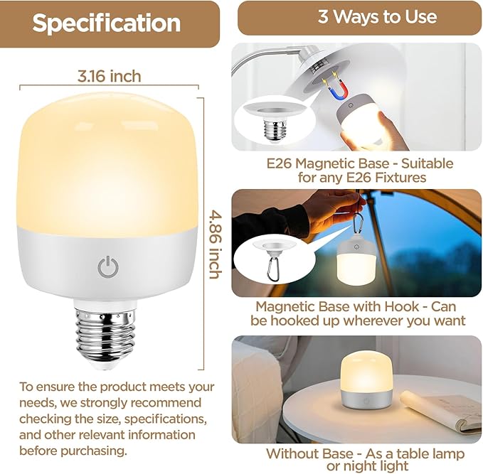 Yochoice Rechargeable Battery Operated Light Bulb 4000mAh, Dimmable LED Bulb - Image 5