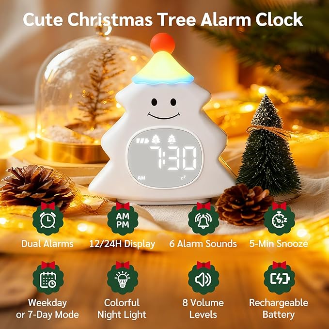 Yiliaw Kids Alarm Clock with Night Light, Christmas Tree Wake Up Clock - Image 2