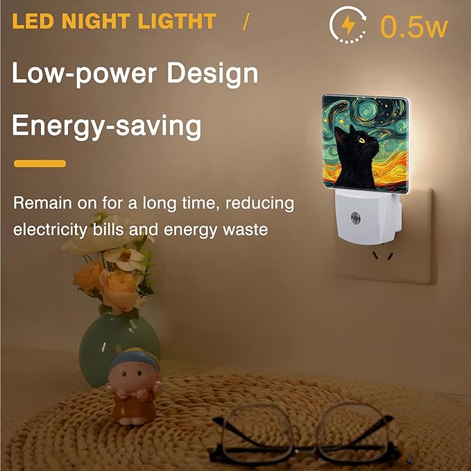 Starry Night Night Light Black Cat Watching Stars Night Lights Plug into Wall - Image 5
