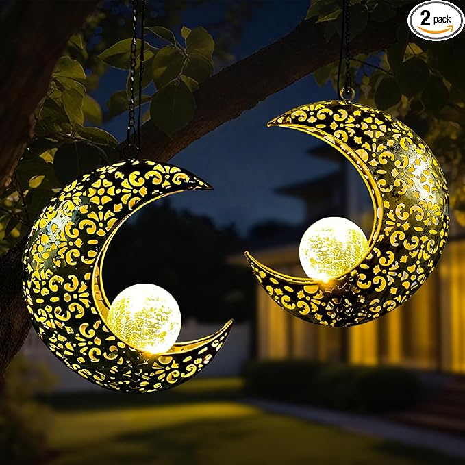 Solar Garden Hanging Moon Lights Outdoor Decor, 2 Pack Metal Lanterns Art by QCF