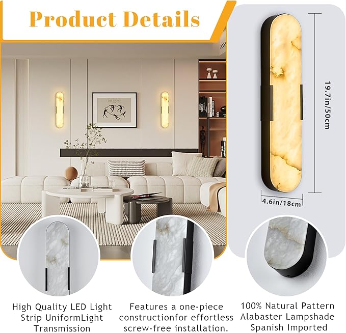 20“Natural Marble Wall Sconces LED Alabaster Wall Sconce Vintage Bathroom - Image 2
