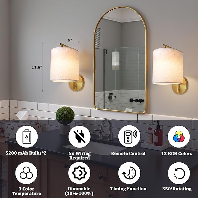 Rechargeable Battery Operated Wall Sconces Set of 2 Wireless Wall Lights - Image 3
