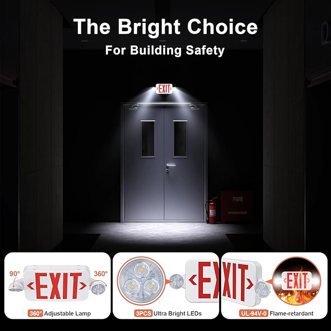 Led Exit Sign Emergency Light Combo Adjustable Two Head, Double Sided and - Image 2