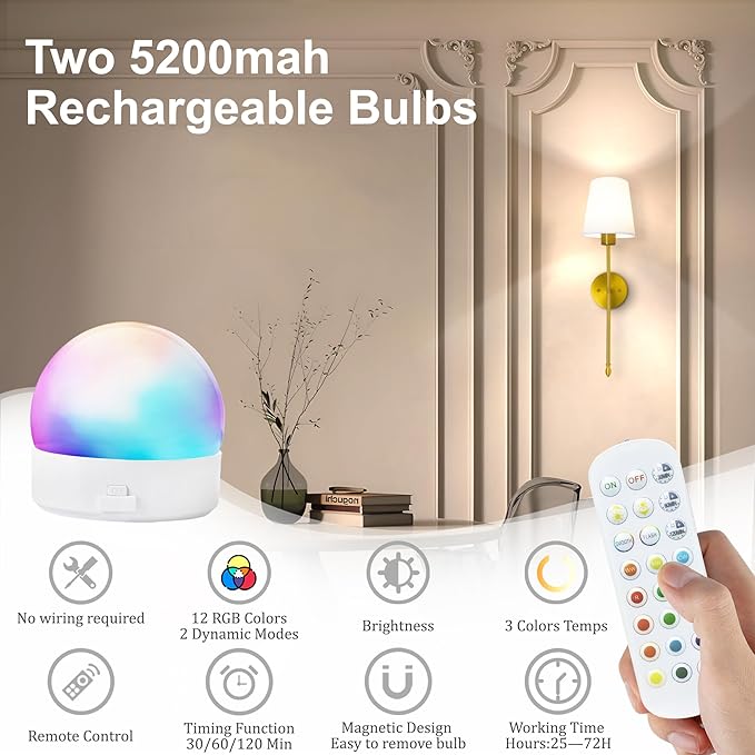 Battery Operated Wall Sconce Set of 2, 15 Colors Rechargeable Wall Lights - Image 6