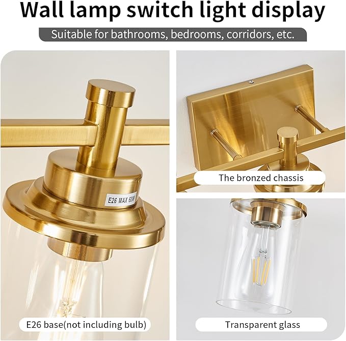 4 Light Brushed Brass Vanity Light Over Mirror, Vintage Wall Sconce - Image 4