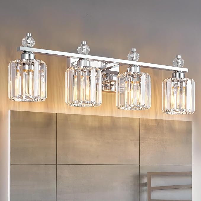 Bathroom Vanity Lights 4-Light Chrome Modern Crystal Vanity Light Fixtures Over by FDPBY