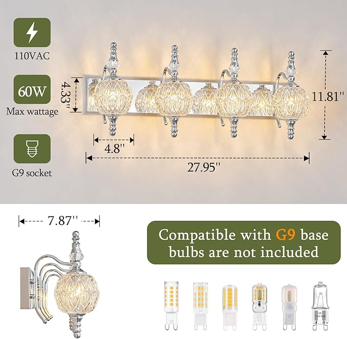 Modern Crystal Bathroom Vanity Lights Fixtures Over Mirror Chrome Vintage - Image 4