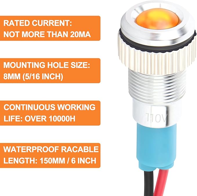 GASHER 12V/24V/110V 20mA Energy Saving Indicator Light Mounting Hole Size 8mm - Image 6