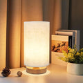 Small Bedside Table Lamp for Bedroom, Minimalist Wood Base & Round Fabric Shade by UCHENTON