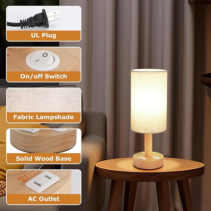 Small Bedside Table Lamp with AC Outlet, Natural Wood Base & Linen Shade - Image 6