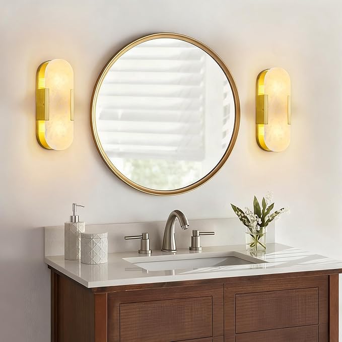 Brass Alabaster Wall Sconces Set of Two, Modern Natural Marble Wall Sconces - Image 8