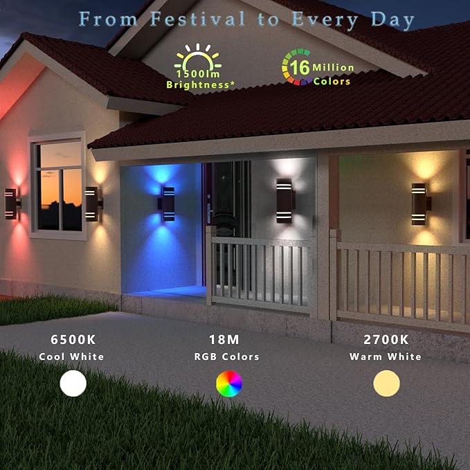 Smart Outdoor Wall Lights Color Changing 2 Pack, RGB+2700K-6500K Modern - Image 2