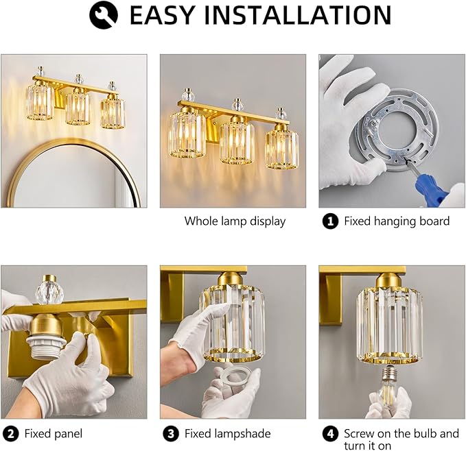 Bathroom Vanity Lights 3-Light Gold Modern Crystal Vanity Light Fixtures Over - Image 7