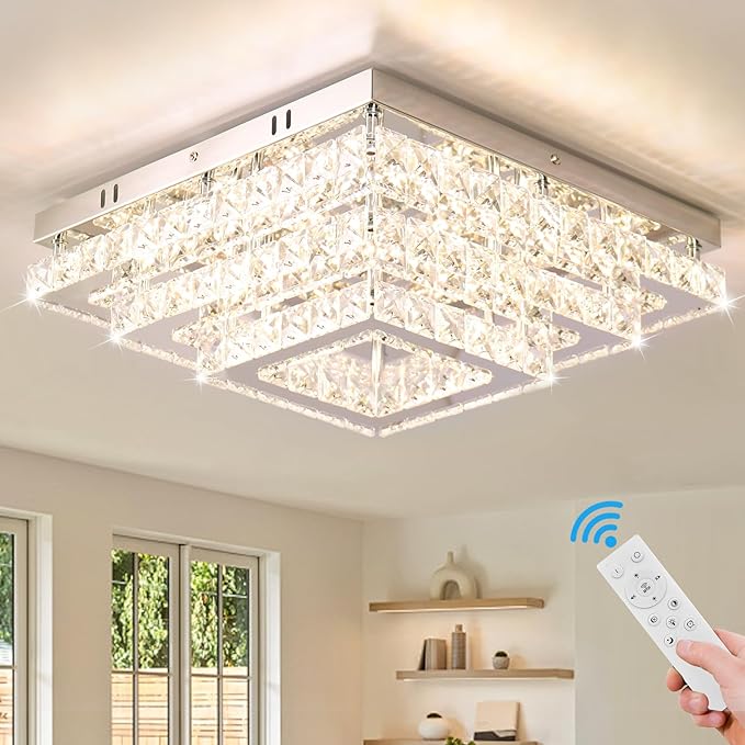 Finktonglan Modern Square Crystal LED Ceiling Light Fixture, 15” Dimmable by Finktonglan