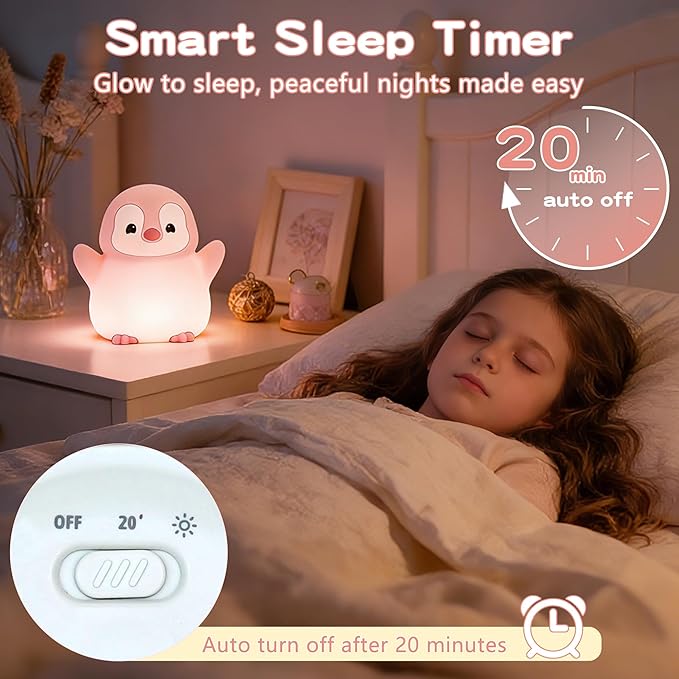Pink Penguin Night Light, Soft Silicone Nursery Nightlight - Image 3
