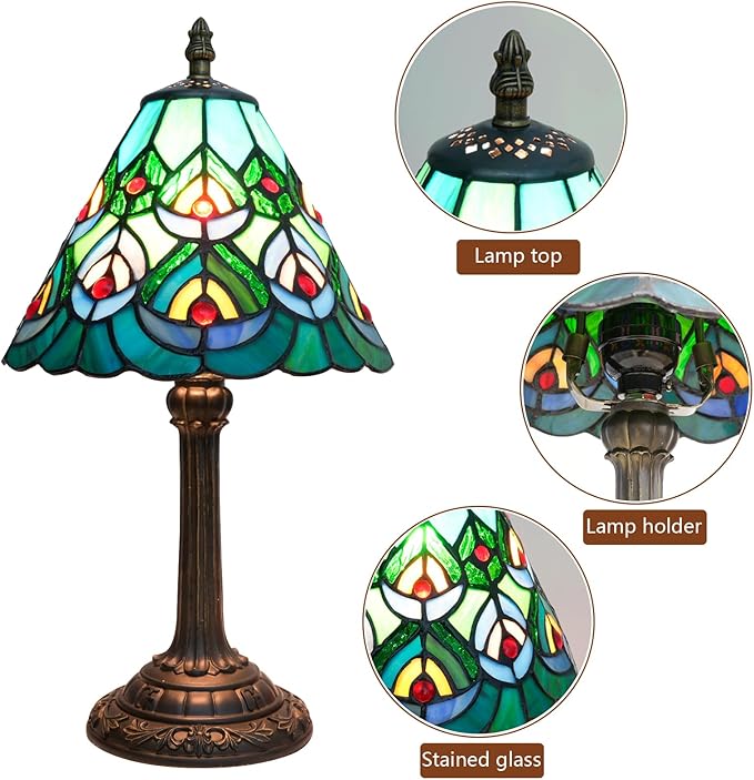 Green Peacock Decor Small Tiffany Style Table Lamp Antique Stained Glass Lamps - Image 2