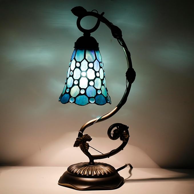 Tiffany Lamp Stained Glass Desk Reading Bedside Light, Metal Leaf Table Lamp by ANYONGLU