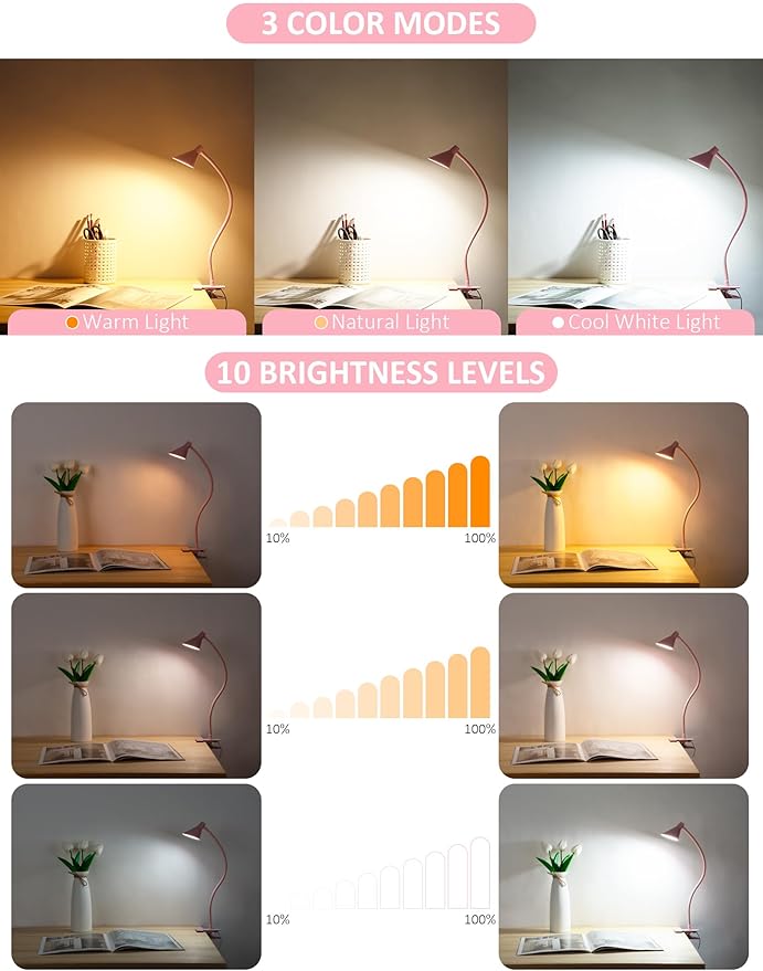 Pink Small Desk Lamp Clip on LED Reading Light - Image 2
