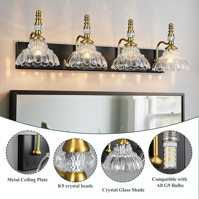 Vintage Bathroom Vanity Light, 4-Light Black Gold Vanity Lighting Fixture - Image 3