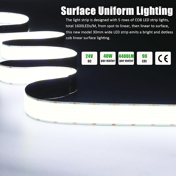 JOYLIT 30MM Wide COB LED Strip Lights 24V Cool White 6000K 16.4FT/5M 8000LEDs - Image 2