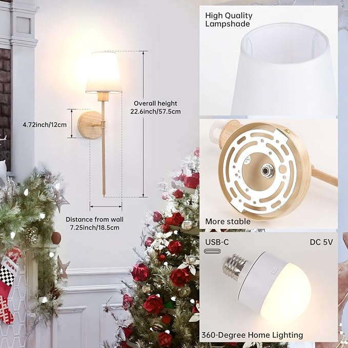 Battery Operated Wall Sconces Set of 2, Beech Color Wall Lamp 5000 mAh - Image 9