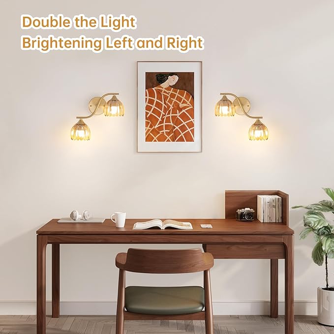 Battery Operated Wall Sconce, 2-Lights Vinatge Brass Wall Lighting - Image 3