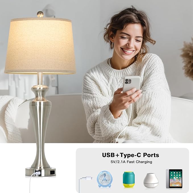 30 Inch Single Silver Table Lamp, 3-Way Dimmable Touch Bedroom Lamp - Image 3