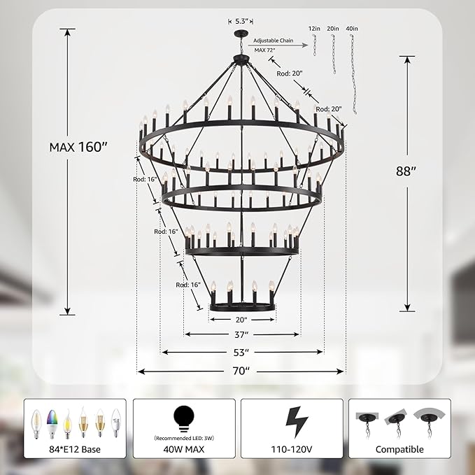 4 Tier 84-Light Black Wagon Wheel Chandelier, Industrial Round Light Fixture - Image 2