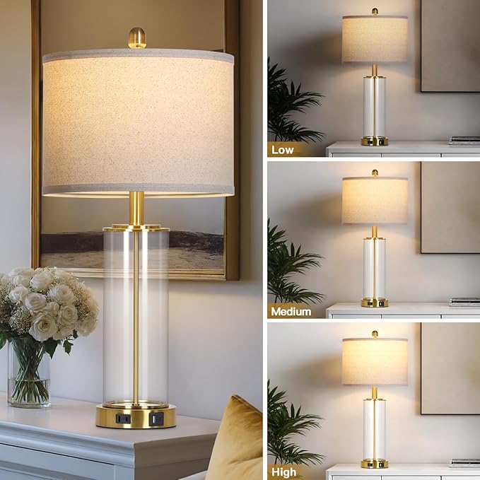26" Gold Glass Table Lamps Set of 2, 3-Way Dimmable Touch Control Living Room - Image 2