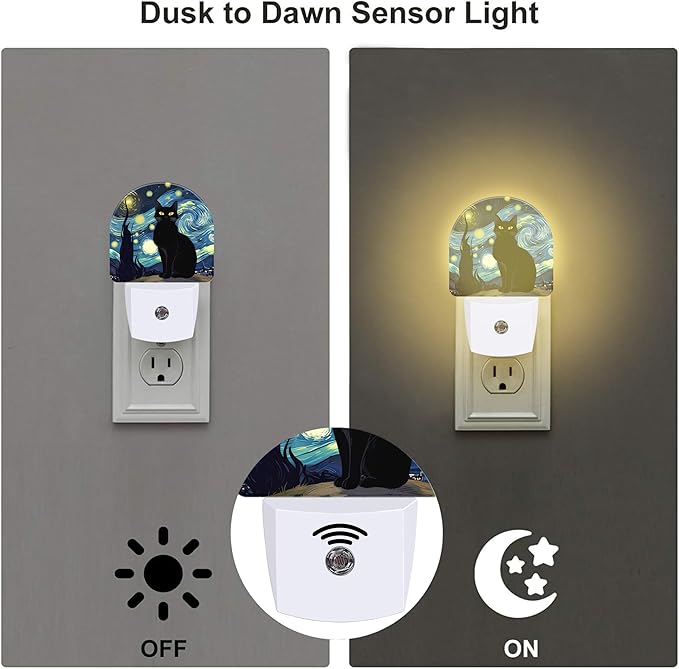 Starry Night Black Cat Night Light Plug into Wall, Impressionist Oil Painting - Image 3
