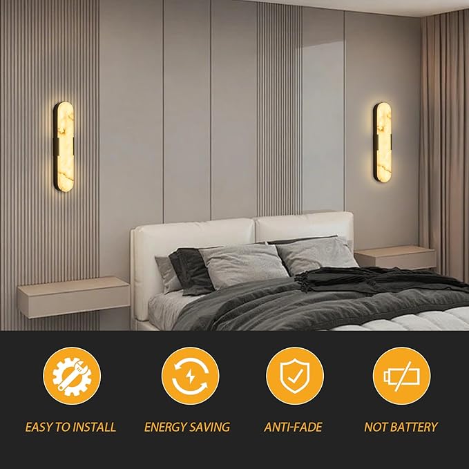 2 Pack Alabaster Wall Sconces 20" Black Modern Vanity Wall Lights - Image 6