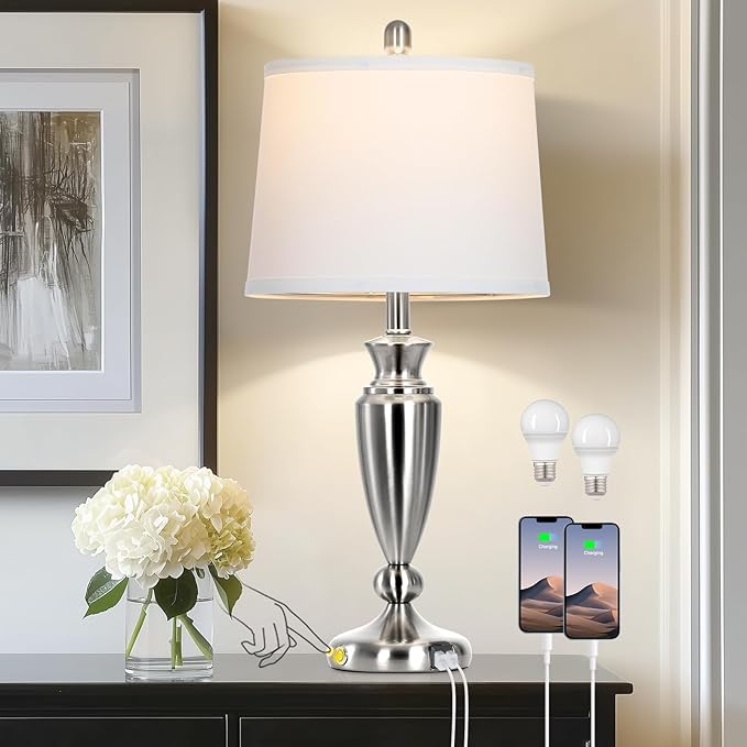 27" Silver Table Lamps for Living Room Single, 3 Way Touch Control Bedside Lamps by Rinweey