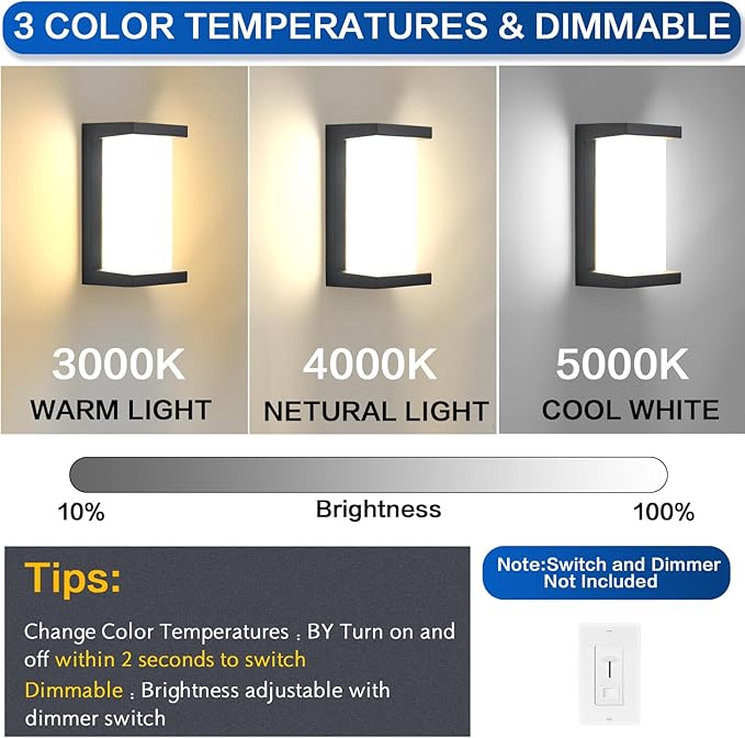 Outdoor Light Fixtures Wall Mount 2 Pack, 3 Colors & Dimmable Exterior Wall - Image 3
