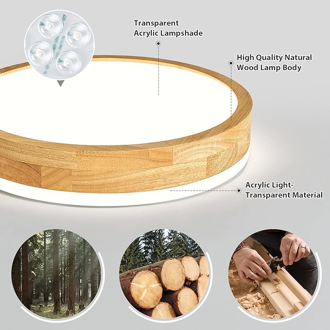 Modern Dimmable Wood Flush Mount Ceiling Light, 2700K-6000K 5CCT Round Close to - Image 9