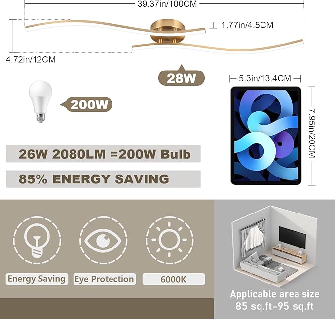 28W Gold Linear Ceiling Light Gold Modern LED Ceiling Light Fixture 6000K - Image 5