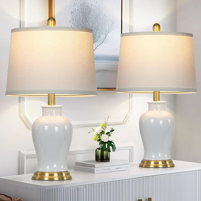 White Ceramic Table Lamps Set of 2, Farmhouse Lamp - Image 3
