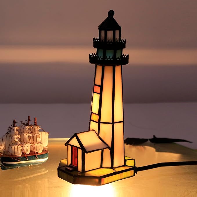 Small Tiffany Lighthouse Stained Glass Accent Table Lamp Night Light - Image 4