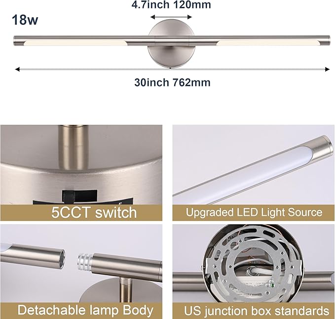 BONLICHT 30 Inch LED Modern Brushed Nickel Bathroom Vanity Light Fixtures Over - Image 5