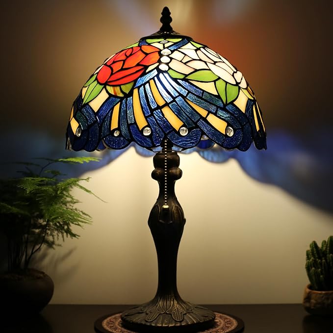 Tiffany Lamp Stained Glass Table Lamp 12” x 19” Rose Feather Style Decorative - Image 5