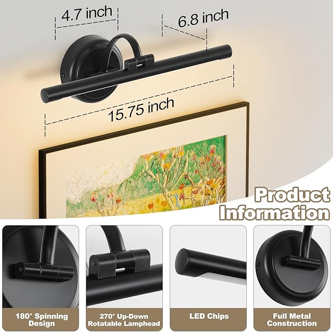 Black Picture Lights for Paintings Hardwired LED Wall Art Lighting 15.75" - Image 4