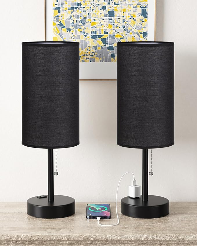 Fenmzee Large Black Bedside Lamps Set of 2-3 Color Temperatures Pull Chain Lamp - Image 5