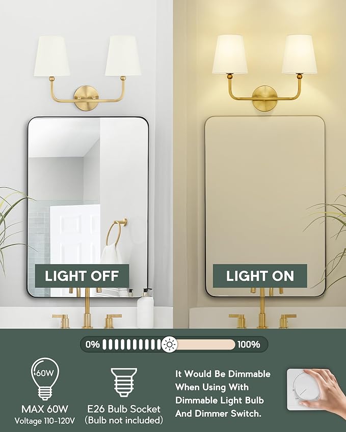 2 Light Bathroom Light Fixtures, Brushed Gold Vanity Lights, Double Wall Sconce - Image 6