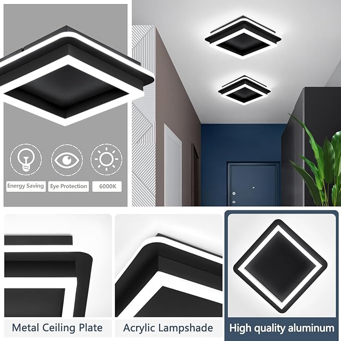 CANEOE 3 Packs Square Flush Mount Ceiling Light, 6000K Black Modern LED Ceiling - Image 5