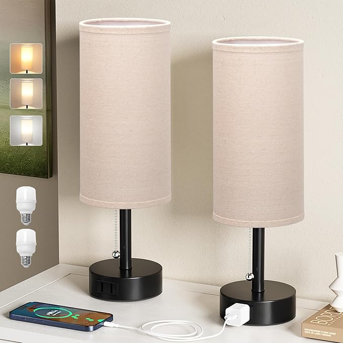Fenmzee Bedside Table Lamps Set of 2-3 Color Temperatures Pull Chain Lamp - Image 2