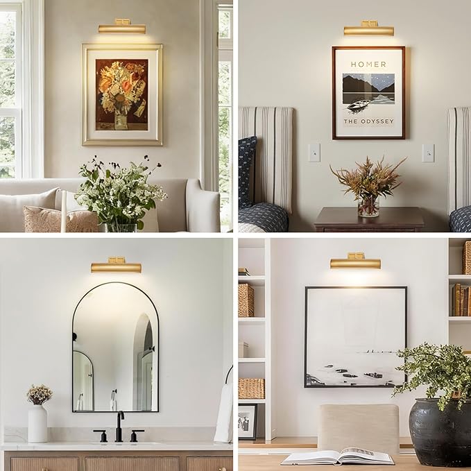 12in Brass Picture Light, 270° Rotatable Gold Wall Sconce Hardwired, 2-Light - Image 4